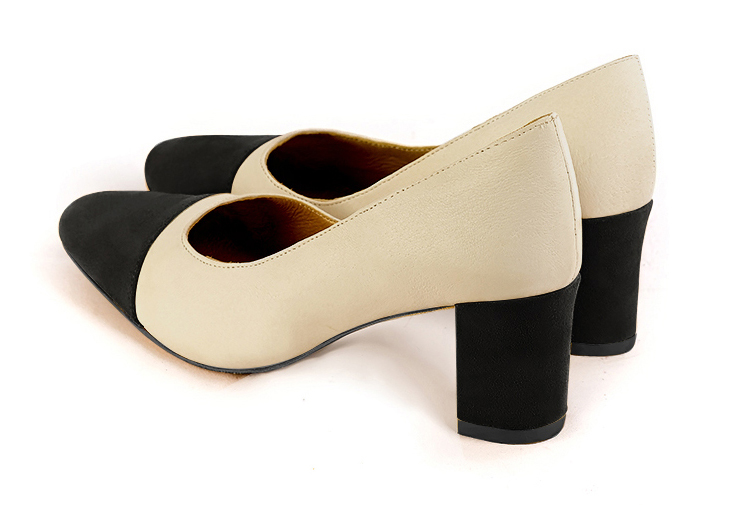 Matt black and champagne white women's dress pumps,with a square neckline. Round toe. Medium block heels. Rear view - Florence KOOIJMAN